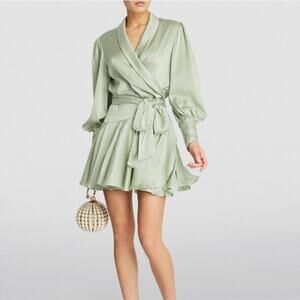 NWT$775 Zimmermann Sage Green Belted Wrap V-Neck Silk Mini Dress 2 (US 6-8, M)